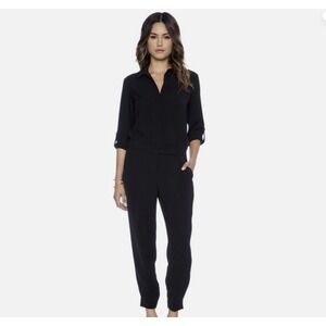 Vince. Black Long‎ Sleeve Collared V-Neck Blouson Jumpsuit Size 6